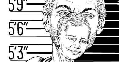 Serienmörder Jeffrey Dahmer, s/w-Illustration von Schwarwel, vor dem Gesicht vom erwachsenen Dahmer ist ein Kinderkopf von Dahmer, in der Hand hält er eine Katze am Hals