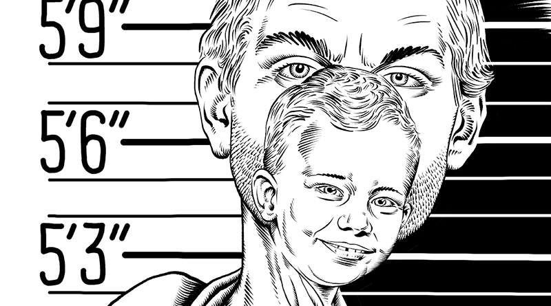 Serienmörder Jeffrey Dahmer, s/w-Illustration von Schwarwel, vor dem Gesicht vom erwachsenen Dahmer ist ein Kinderkopf von Dahmer, in der Hand hält er eine Katze am Hals