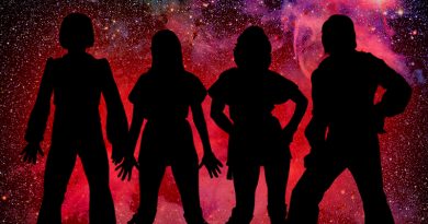 Band ABBA als Silhouette, schwarz vor rotem Hintergrund, Illustration: Schwarwel