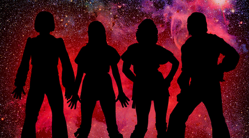 Band ABBA als Silhouette, schwarz vor rotem Hintergrund, Illustration: Schwarwel