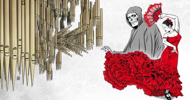 Musik und Tod-Illustration von Schwarwel, Tod tanzt mit einer Tangotänzerin, links von beiden im Bild befinden sich sehr viele Orgelpfeifen