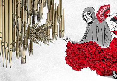 Musik und Tod-Illustration von Schwarwel, Tod tanzt mit einer Tangotänzerin, links von beiden im Bild befinden sich sehr viele Orgelpfeifen