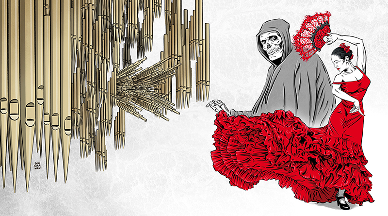 Musik und Tod-Illustration von Schwarwel, Tod tanzt mit einer Tangotänzerin, links von beiden im Bild befinden sich sehr viele Orgelpfeifen