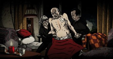 Filmbild Animation: Mutter und Sohn stützen kranken Vater in ihrem Wohnzimmer, Illustration: Schwarwel