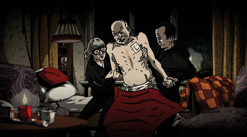 Filmbild Animation: Mutter und Sohn stützen kranken Vater in ihrem Wohnzimmer, Illustration: Schwarwel