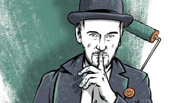 Illustration von Schwarwel: Eric Wrede als Maler mit Rolle und Eimer in weiß-grün-oranger Optik