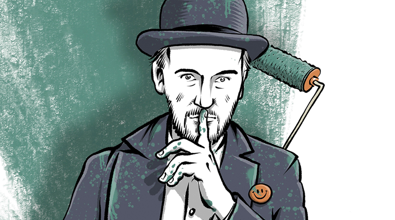 Illustration von Schwarwel: Eric Wrede als Maler mit Rolle und Eimer in weiß-grün-oranger Optik