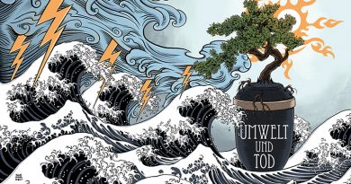 Illustration von Schwarwel, Cover Umwelt und Tod, Urne in einem Meer mit Wellen, Wind und Gewitter, aus der Urne ragt ein Baum