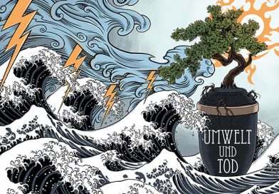 Illustration von Schwarwel, Cover Umwelt und Tod, Urne in einem Meer mit Wellen, Wind und Gewitter, aus der Urne ragt ein Baum