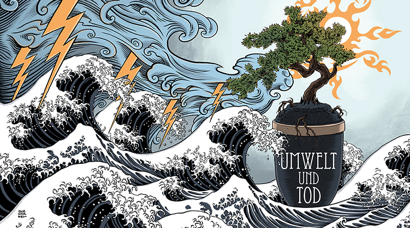 Illustration von Schwarwel, Cover Umwelt und Tod, Urne in einem Meer mit Wellen, Wind und Gewitter, aus der Urne ragt ein Baum