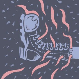 Illustration von Schwarwel: Springerstiefel in lila-Optik mit rosafarbenen Flammen ringsherum 