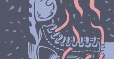 Illustration von Schwarwel: Springerstiefel in lila-Optik mit rosafarbenen Flammen ringsherum