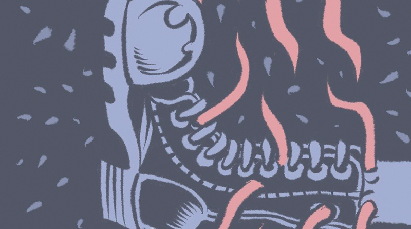 Illustration von Schwarwel: Springerstiefel in lila-Optik mit rosafarbenen Flammen ringsherum