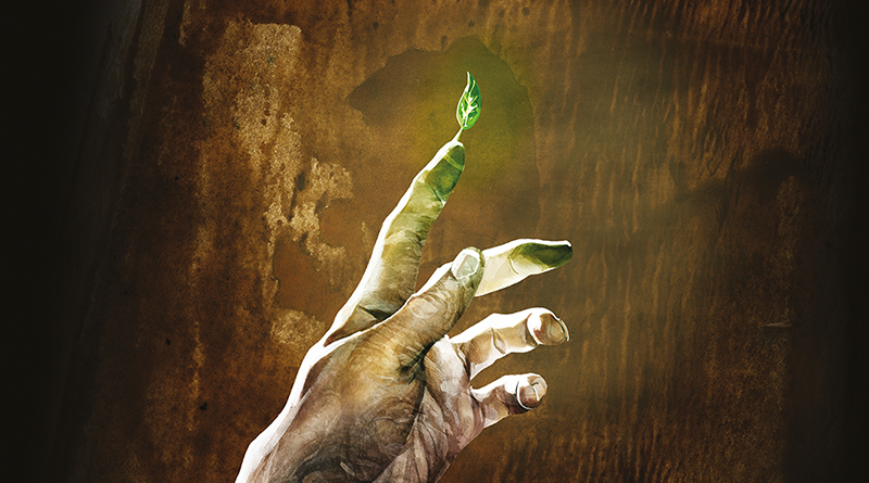 Illustration: Timo Wuerz, nach oben ausgestreckte Hand, auf dem Zeigefinger befindet sich ein grünes Blatt, Anmutung: Brauntöne