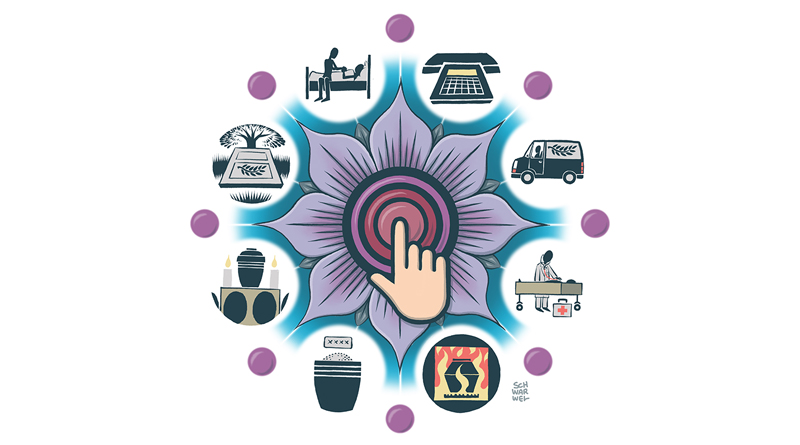 Illustration von Schwarwel zur Ankündigung für das 11. Symposium der FUNUS Stiftung „Bestattungen 2.0 – Digitalisierung im Bestattungswesen”