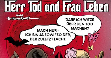 Herr Tod und Frau Leben-Comic zum Thema Humor und Tod von Schwarwel, auf zwei Doppelseiten