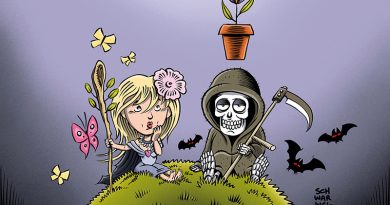 Humor und Tod-Ausstellungsmotiv mit Herr Tod ud Frau Leben, die auf einem grünen Hügel sitzen, Illustration: Schwarwel