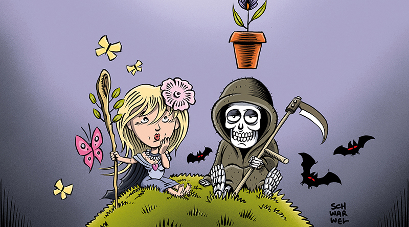 Humor und Tod-Ausstellungsmotiv mit Herr Tod ud Frau Leben, die auf einem grünen Hügel sitzen, Illustration: Schwarwel