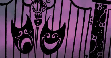 schwarze Masken hängen an einem schwarzen Gitterzaun vor pink-lila Hintergrund