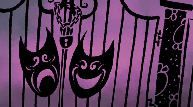 schwarze Masken hängen an einem schwarzen Gitterzaun vor pink-lila Hintergrund