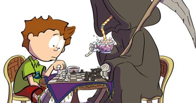 Illustration: Knietzsche und der Tod sitzen an einem Tisch und spielen Schach