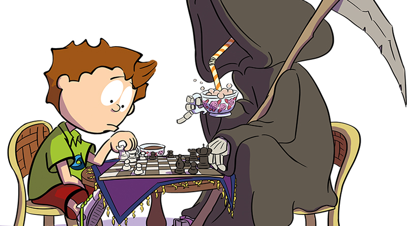 Illustration: Knietzsche und der Tod sitzen an einem Tisch und spielen Schach