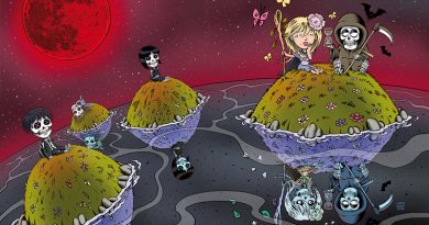 Illustration von Schwarwel, Cover Humor und Tod mit Herr Tod und Frau Leben, Version lebend und Version tot mit roter Sonne im Hintergrund