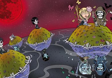 Illustration von Schwarwel, Cover Humor und Tod mit Herr Tod und Frau Leben, Version lebend und Version tot mit roter Sonne im Hintergrund