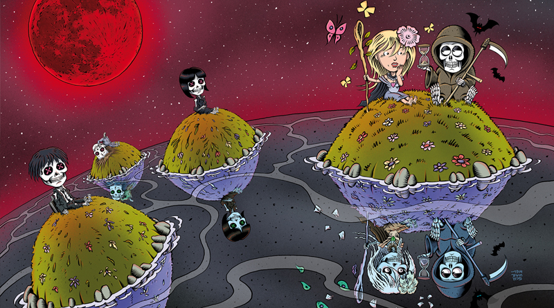 Illustration von Schwarwel, Cover Humor und Tod mit Herr Tod und Frau Leben, Version lebend und Version tot mit roter Sonne im Hintergrund