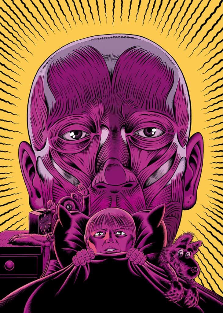 Cover #2 „Gevatter” von Schwarwel, Kopf eines Menschen, der sich langsam in einen Totenkopf verwandelt, davor liegt ein kleiner Junge mit seinen Plüschtieren im Bett