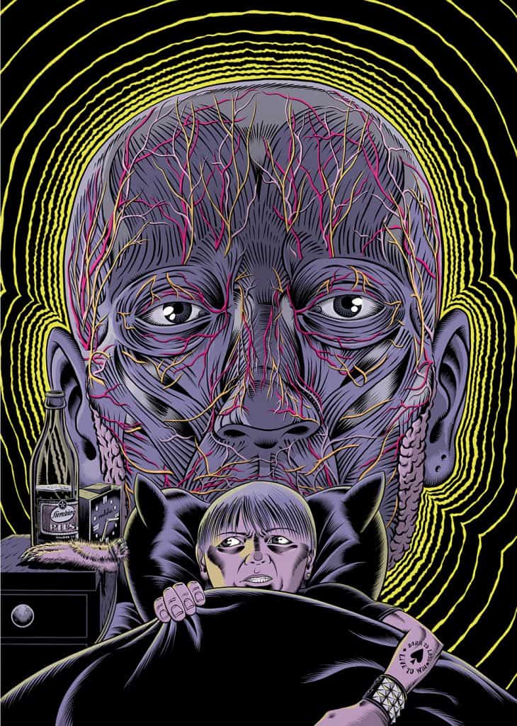 Cover #3 „Gevatter” von Schwarwel, Kopf eines Menschen, der sich langsam in einen Totenkopf verwandelt, davor liegt ein kleiner Junge mit seinen Plüschtieren im Bett