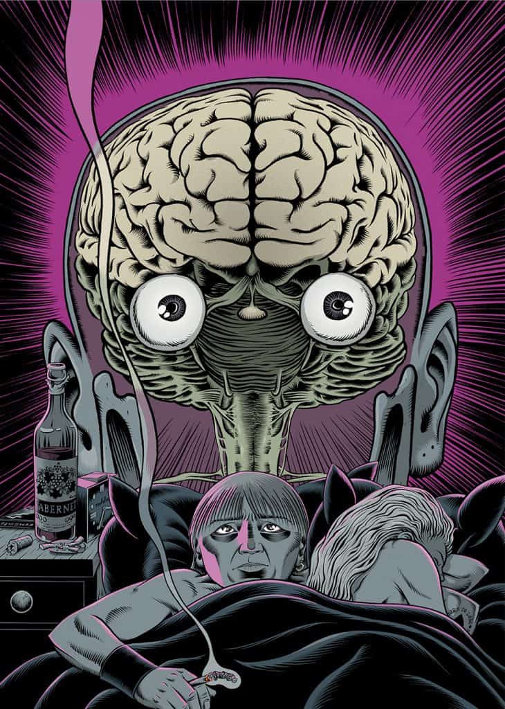 Cover #4 „Gevatter” von Schwarwel, Kopf eines Menschen, der sich langsam in einen Totenkopf verwandelt, davor liegt ein kleiner Junge mit seinen Plüschtieren im Bett