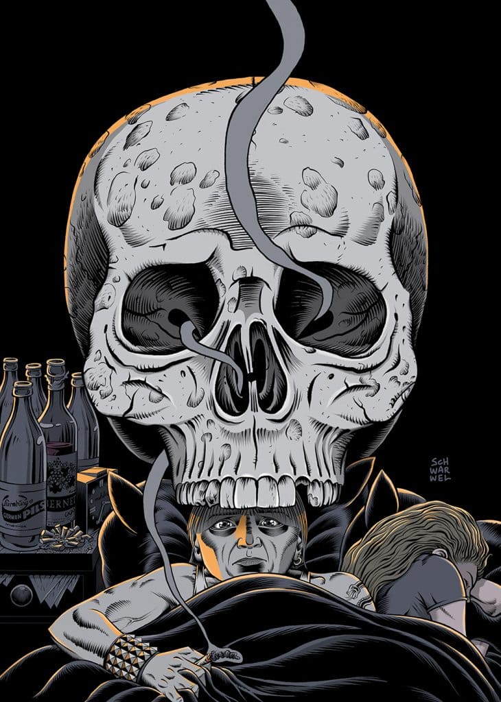 Cover #5 „Gevatter” von Schwarwel, Kopf eines Menschen, der sich langsam in einen Totenkopf verwandelt, davor liegt ein kleiner Junge mit seinen Plüschtieren im Bett