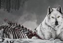 Illustration von Schwarwel, Wolf sitzt vor einem abgenagten Tierskelett, Jäger im Hintergrund im Wald