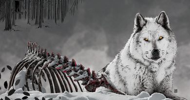 Illustration von Schwarwel, Wolf sitzt vor einem abgenagten Tierskelett, Jäger im Hintergrund im Wald