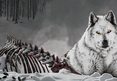 Illustration von Schwarwel, Wolf sitzt vor einem abgenagten Tierskelett, Jäger im Hintergrund im Wald