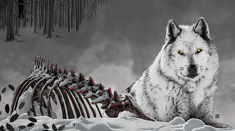 Illustration von Schwarwel, Wolf sitzt vor einem abgenagten Tierskelett, Jäger im Hintergrund im Wald