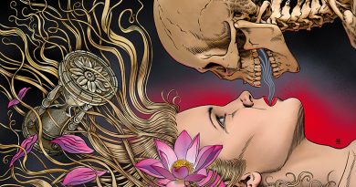 Cover Sex und Tod, Illustration von Schwarwel, ein Totenkopf über einer Frau mit blonden Haaren und Blume im Haar, beide liegen, Sanduhr tickt in ihren Haaren, Illustration: Schwarwel