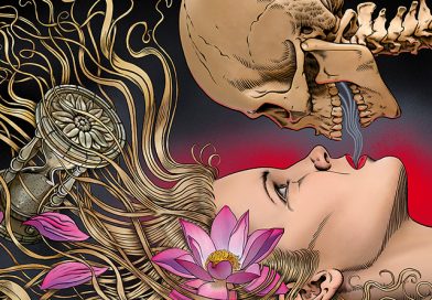 Cover Sex und Tod, Illustration von Schwarwel, ein Totenkopf über einer Frau mit blonden Haaren und Blume im Haar, beide liegen, Sanduhr tickt in ihren Haaren, Illustration: Schwarwel