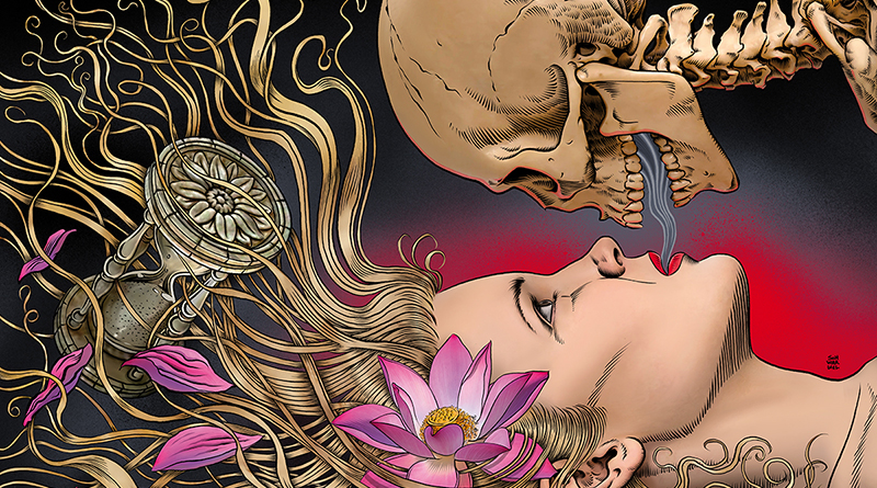 Cover Sex und Tod, Illustration von Schwarwel, ein Totenkopf über einer Frau mit blonden Haaren und Blume im Haar, beide liegen, Sanduhr tickt in ihren Haaren, Illustration: Schwarwel
