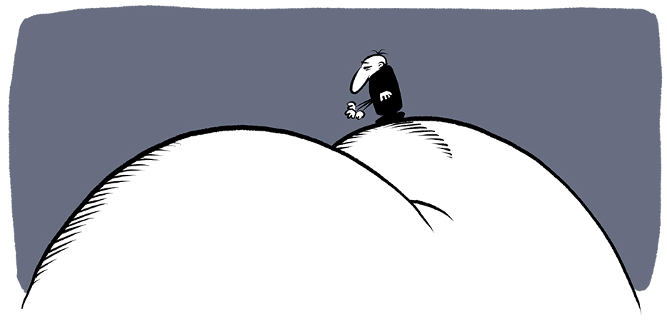 Comic-Männlein steht auf einem angedeuteten Hintern, der nach oben gestreckt ist, Illustration: Schwarwel