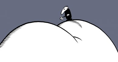 Comic-Männlein steht auf einem angedeuteten Hintern, der nach oben gestreckt ist, Illustration: Schwarwel