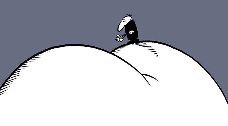 Comic-Männlein steht auf einem angedeuteten Hintern, der nach oben gestreckt ist, Illustration: Schwarwel