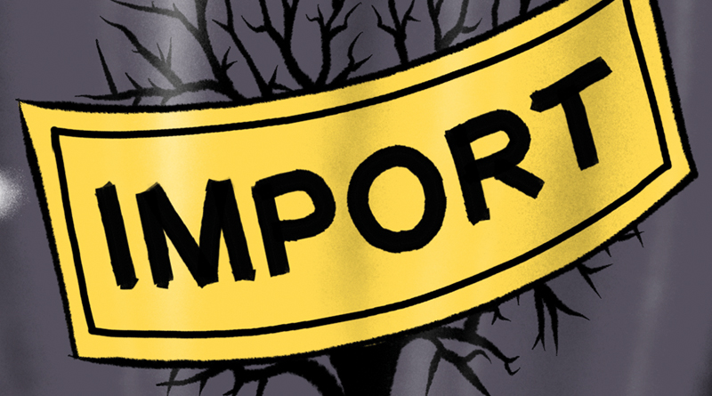 Urne mit Aufschrift IMPORT, Illustration von Schwarwel