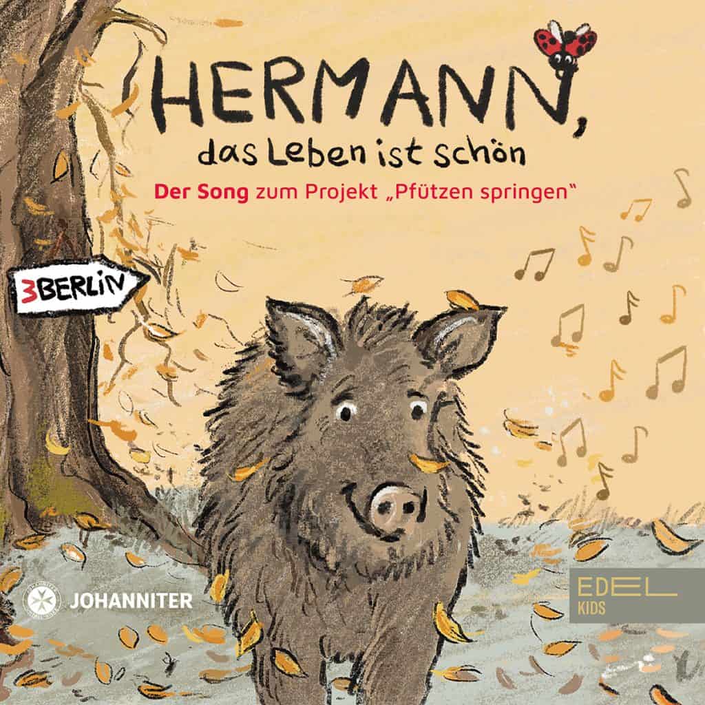 Cover „Hermann, das Leben ist schön”, Illustration in Braun-Ocker-Tönen, Wildschwein, dahinter ein Baum und Noten