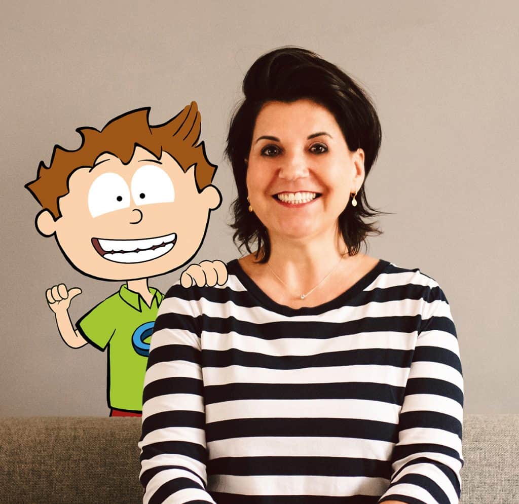 Foto Knietzsche (als Trickfilmfigur) und Anja von Kampen von vision X, Anja sitzt im weiß-schwarz quergesteiften Pulli da, Knietzsche steht dahinter und hat seine Hand auf ihrer rechten Schulter