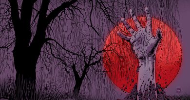 Farbige Illustration von Schwarwel, Cover für die drunter+drüber-Ausgabe „UnTot und Tod”. Roter Mond, davor eine rechte Hand, die aus der Erde herausragt. Dahinter sind schwarze Bäume ohne Blätter zu sehen. Hand und Hintergrund sind lila. Alles ist sehr mystisch und gruselig.