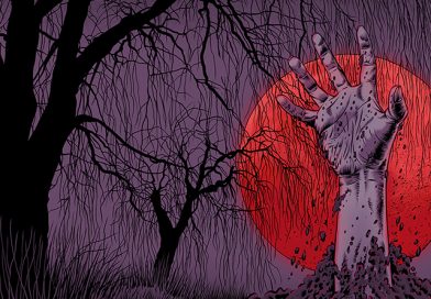 Farbige Illustration von Schwarwel, Cover für die drunter+drüber-Ausgabe „UnTot und Tod”. Roter Mond, davor eine rechte Hand, die aus der Erde herausragt. Dahinter sind schwarze Bäume ohne Blätter zu sehen. Hand und Hintergrund sind lila. Alles ist sehr mystisch und gruselig.