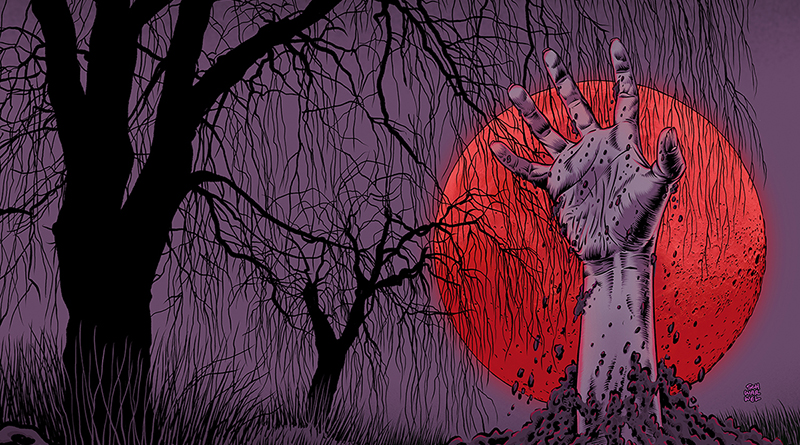 Farbige Illustration von Schwarwel, Cover für die drunter+drüber-Ausgabe „UnTot und Tod”. Roter Mond, davor eine rechte Hand, die aus der Erde herausragt. Dahinter sind schwarze Bäume ohne Blätter zu sehen. Hand und Hintergrund sind lila. Alles ist sehr mystisch und gruselig.
