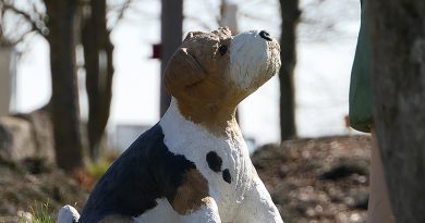 Alltagsmenschen: Hund aus Beton schaut auf sein Frauchen